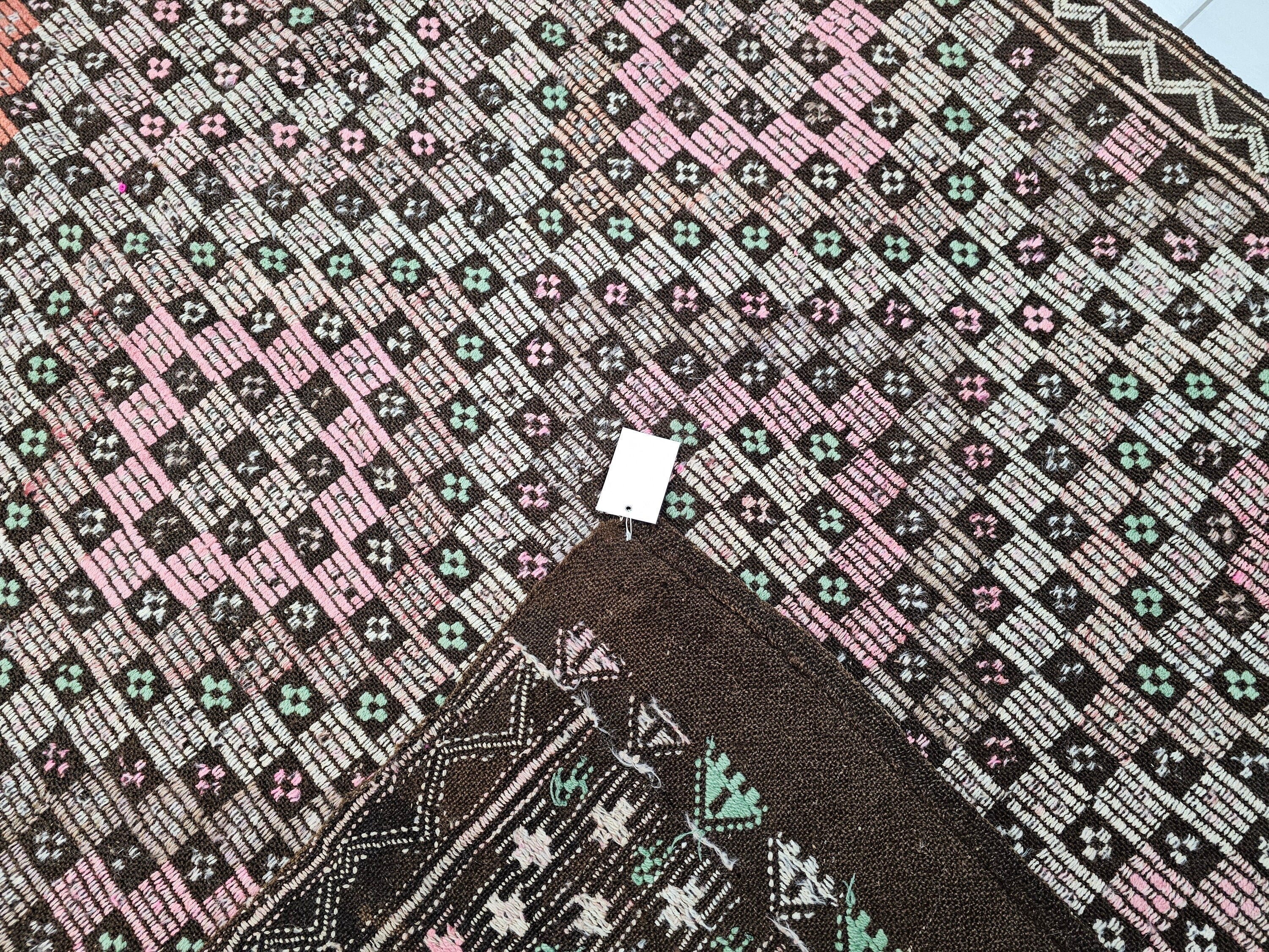Handmade Wool Checkered Rug: 6x10.75 ft Vintage Eclectic Carpet