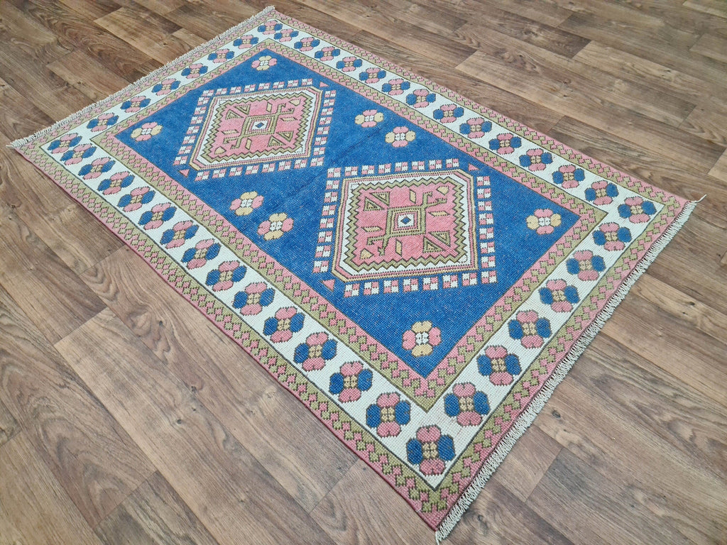 4x6 Small Turkish Rug: Small Vintage Geometric Blue Oushak (4.2x6.4 ft)