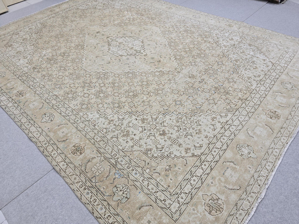 9x12 Oushak Rug | Muted Sand Beige Neutral Vintage Turkish Carpet | Hand Knotted Wool Area Rug for Living Room