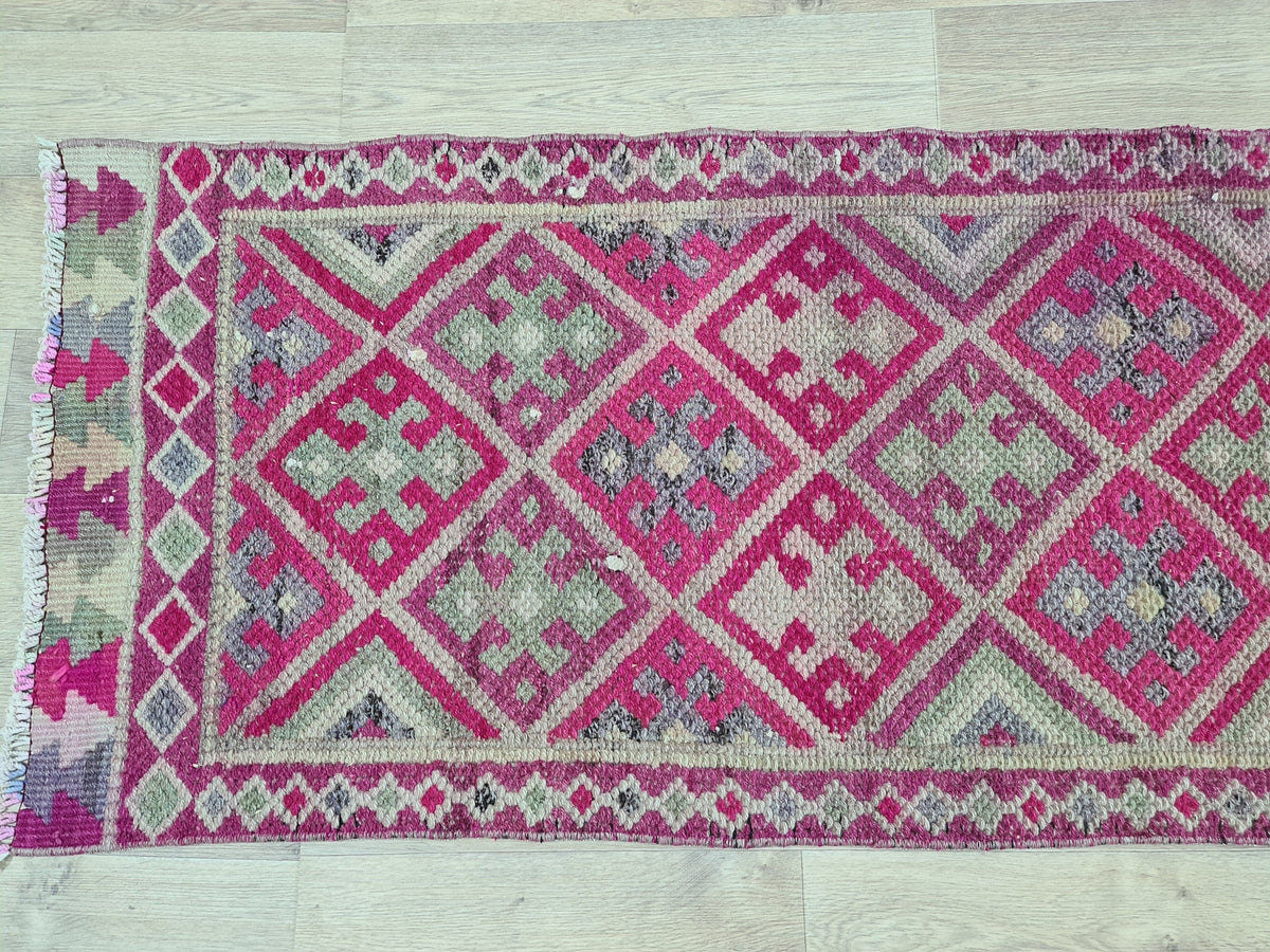 Vintage Hand Knotted Wool Runner Rug: Colorful Herki Design (2.23 x 12 ft)