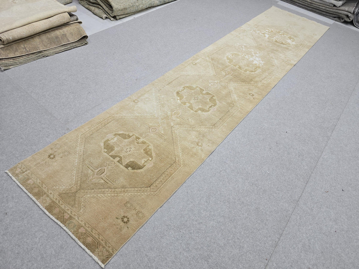 Turkish Rug 3x13, Antique Neutral Runner, Hand Knotted Wool Oushak Runner, Faded Camel Beige Hallway Carpet, Distressed Boho Stair Rug
