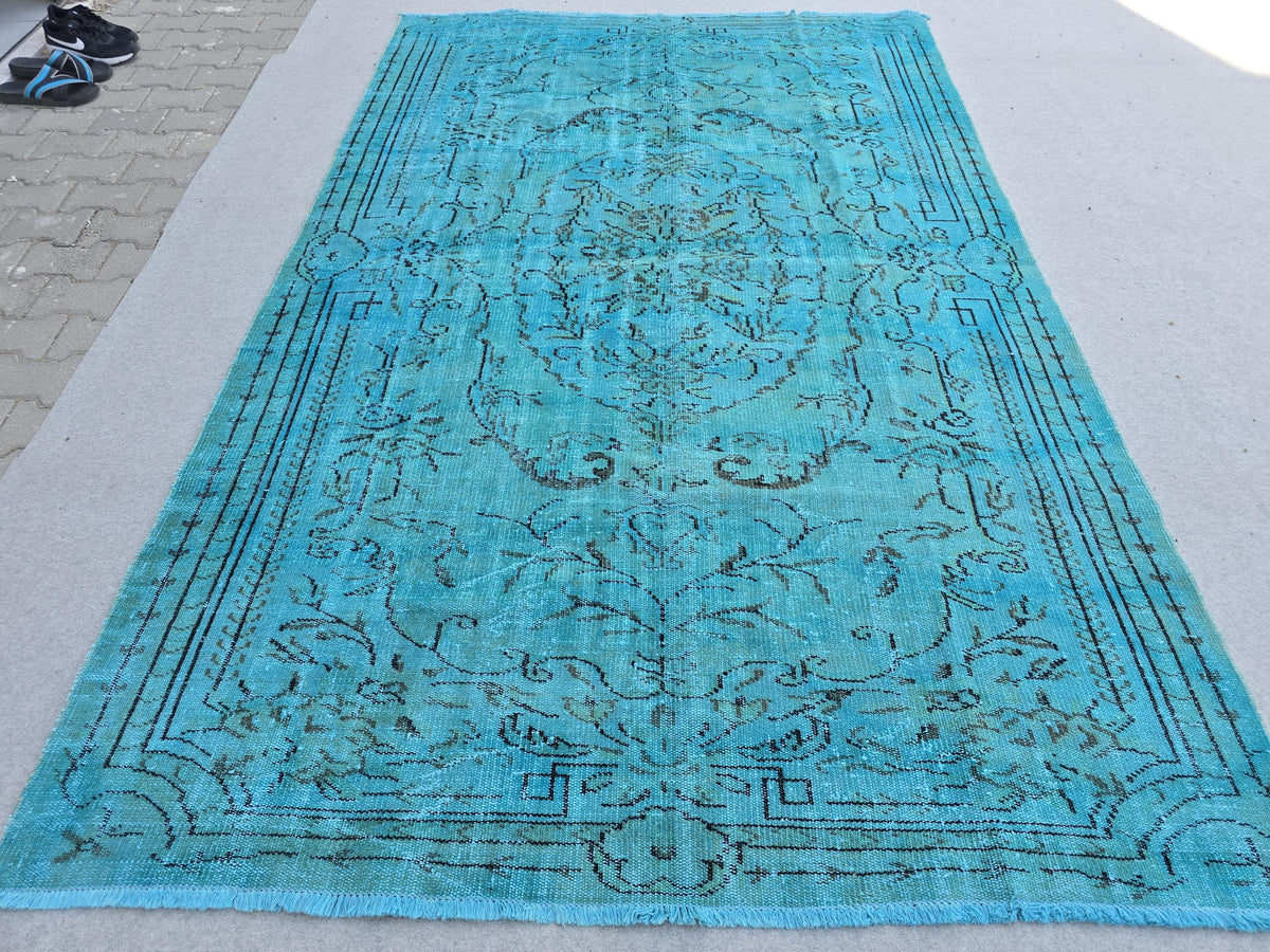 Vintage Overdyed Turquoise Turkish Rug - 6x9.6 ft Handknotted