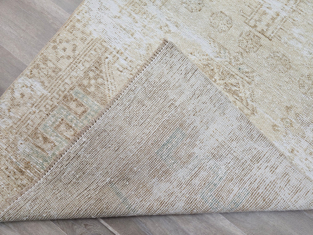 Hand Knotted Wool Runner Rug: Neutral Beige Turkish Oushak, 3x11