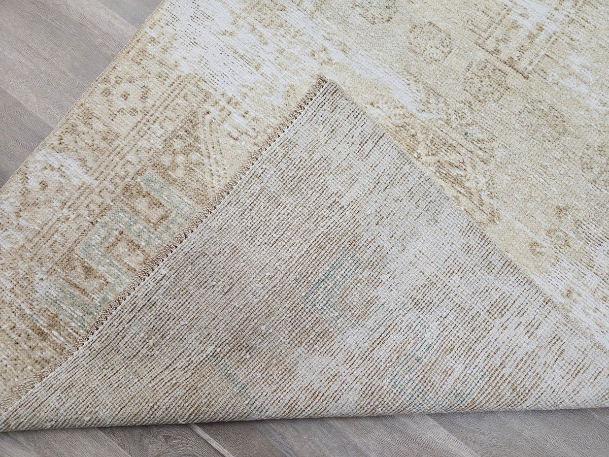 Hand Knotted Wool Runner Rug: Neutral Beige Turkish Oushak, 3x11