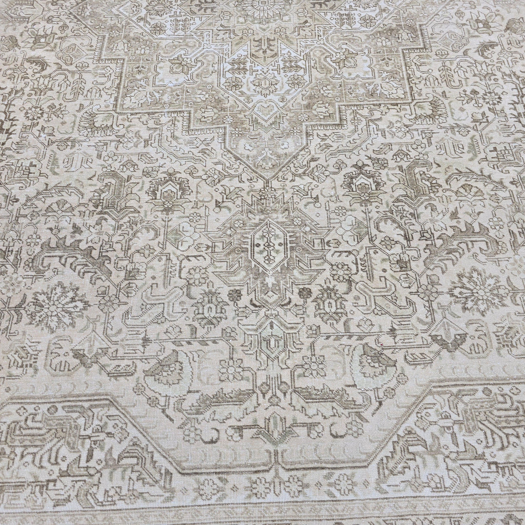 9x12 Hand-Knotted Oushak Rug: Neutral Distressed Vintage Turkish Carpet