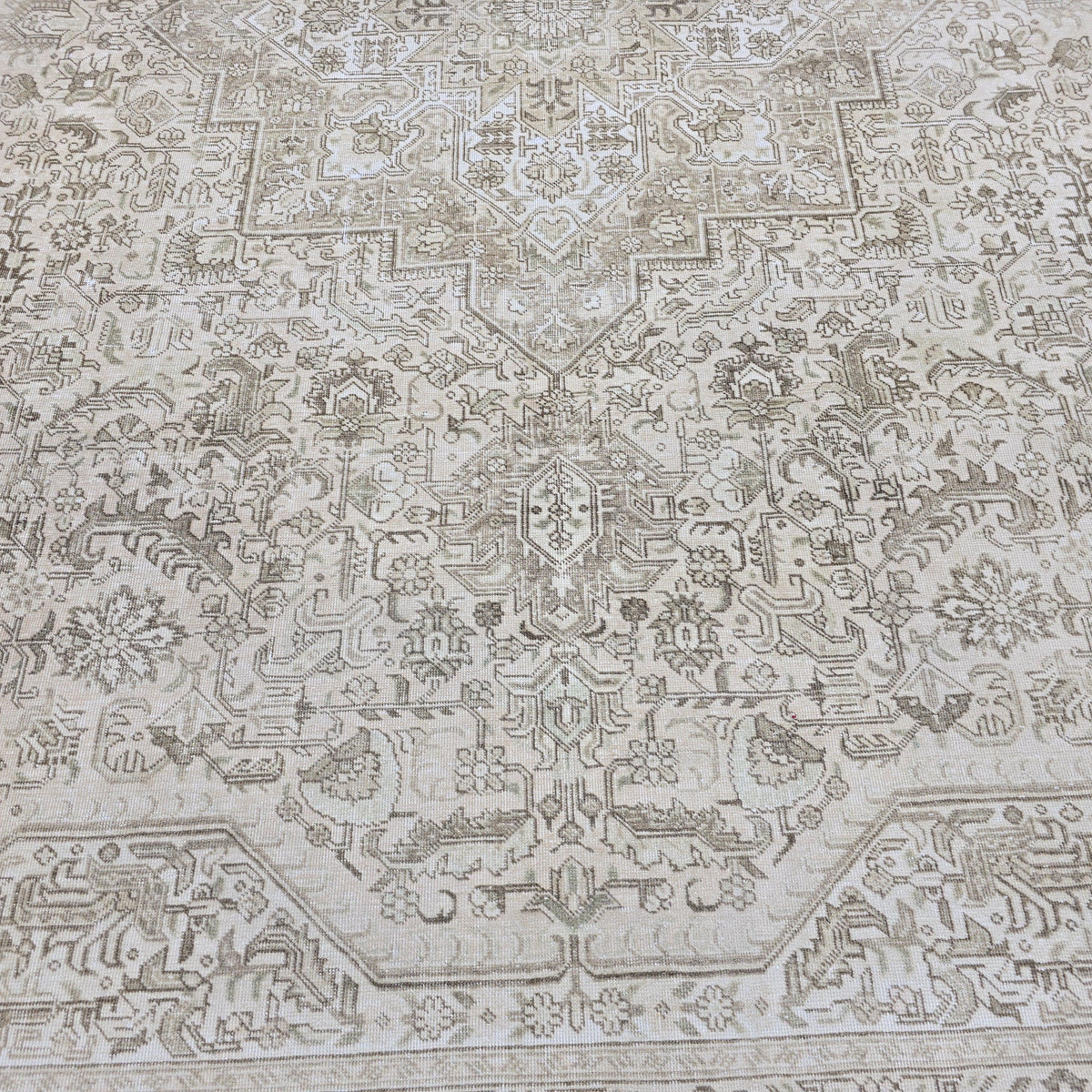 9x12 Hand-Knotted Oushak Rug: Neutral Distressed Vintage Turkish Carpet