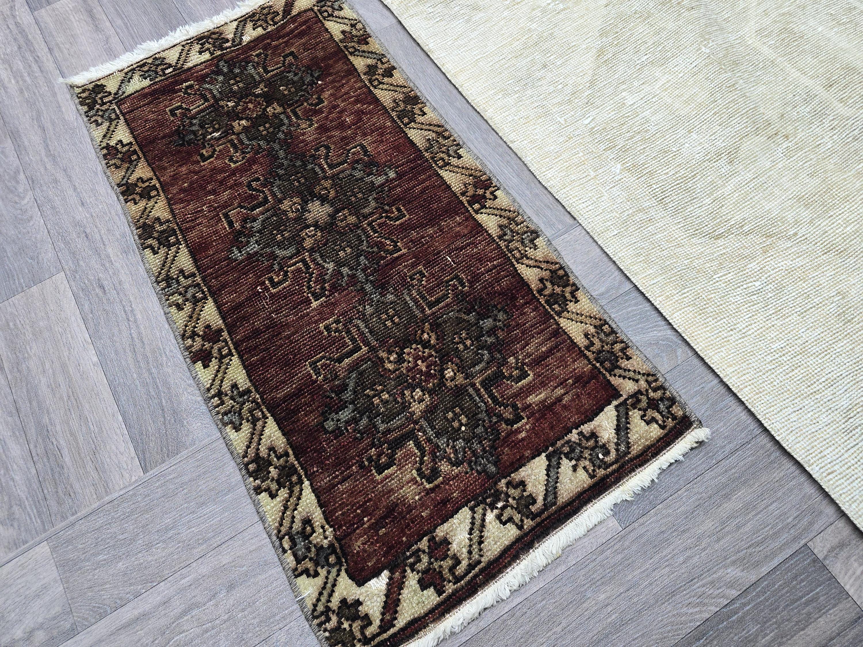 Vintage Turkish Wool Rug 2x3: Brown Beige Oushak Medallion Entry Mat