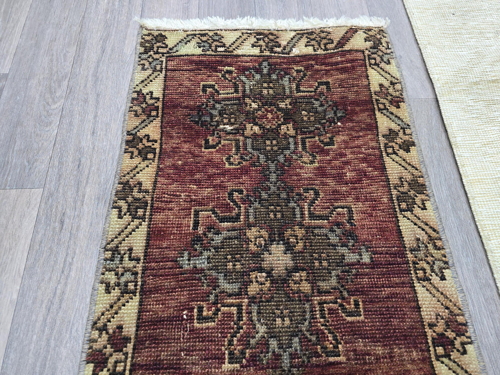 Vintage Turkish Wool Rug 2x3: Brown Beige Oushak Medallion Entry Mat