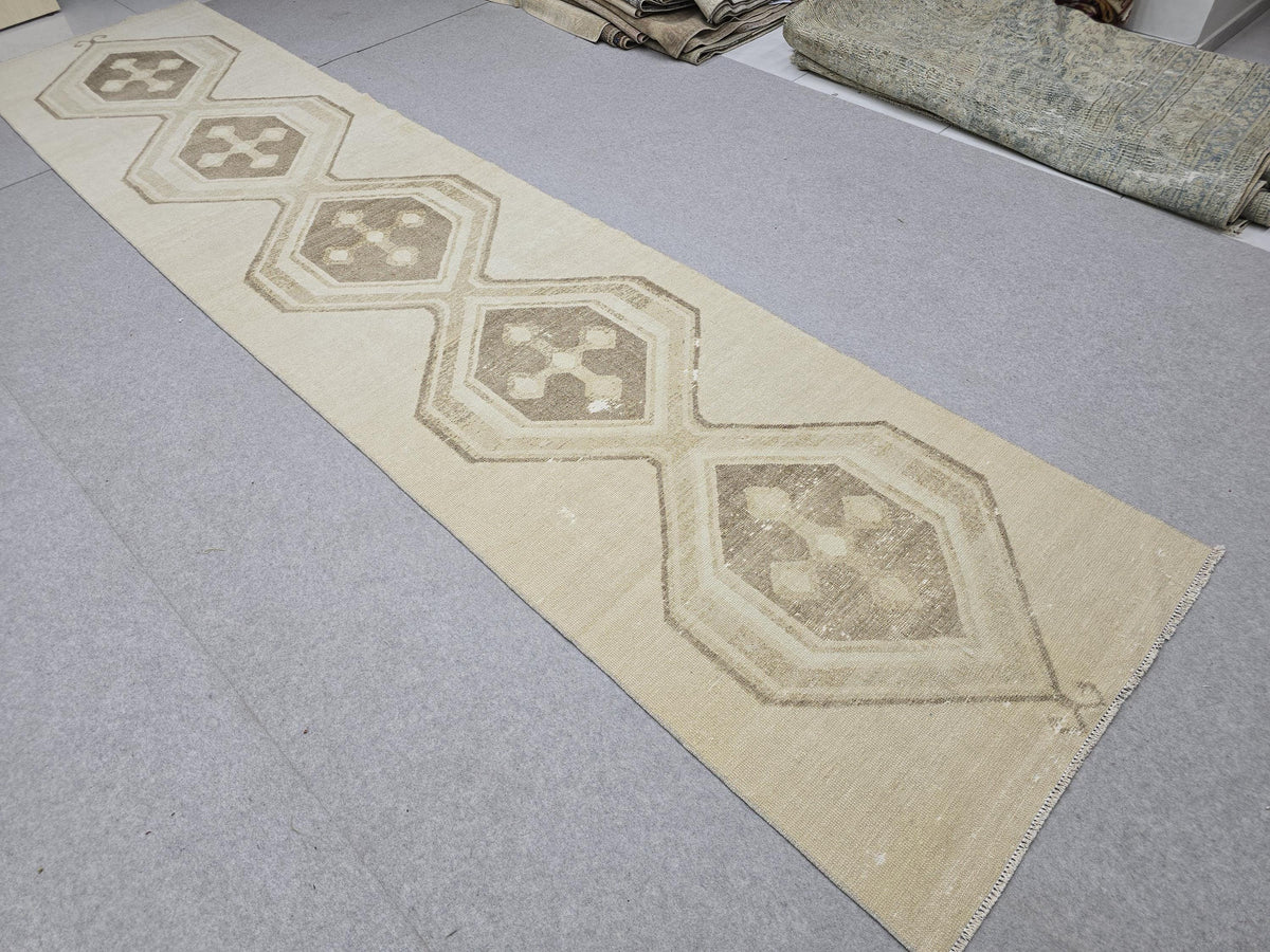 3x15 Turkish Runner Rug, Neutral Faded Vintage Wool Hallway Runner, Extra Long Distressed Anatolian Medallion Corridor Rug, Boho Decor