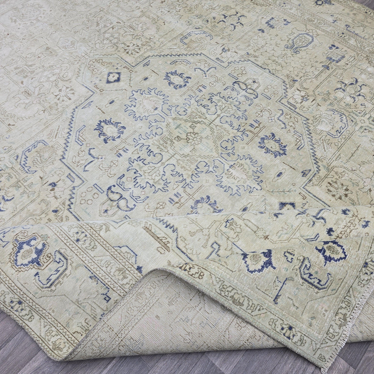 Antique Turkish Rug 10x12 Blue Cream Medallion Vintage Wool Area Rug Bedroom