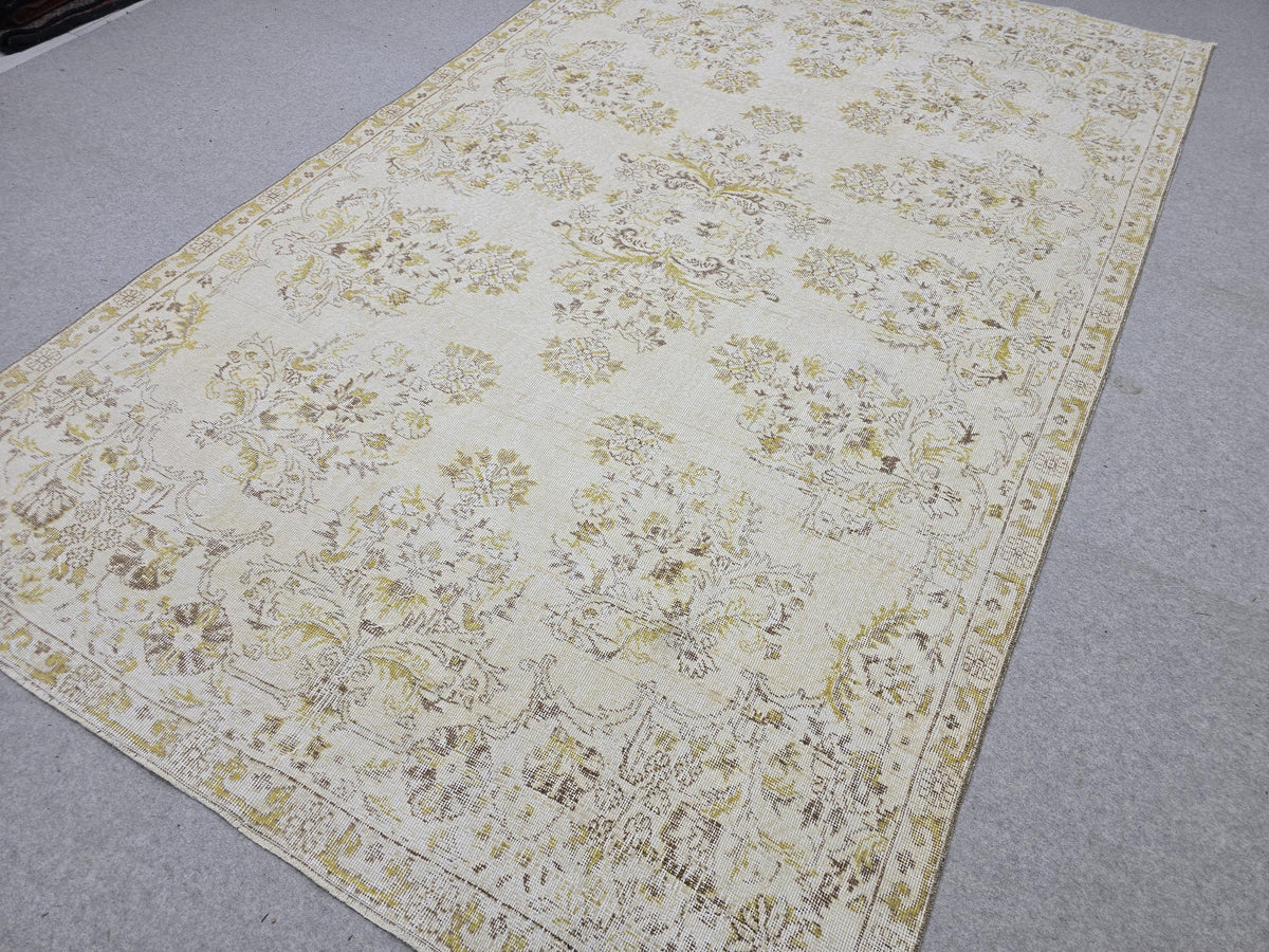 Oushak Rug 6x10, Gold Yellow Floral Turkish Vintage Carpet, Handknotted Wool Area Rug for Living Room Retro Boho Home Decor