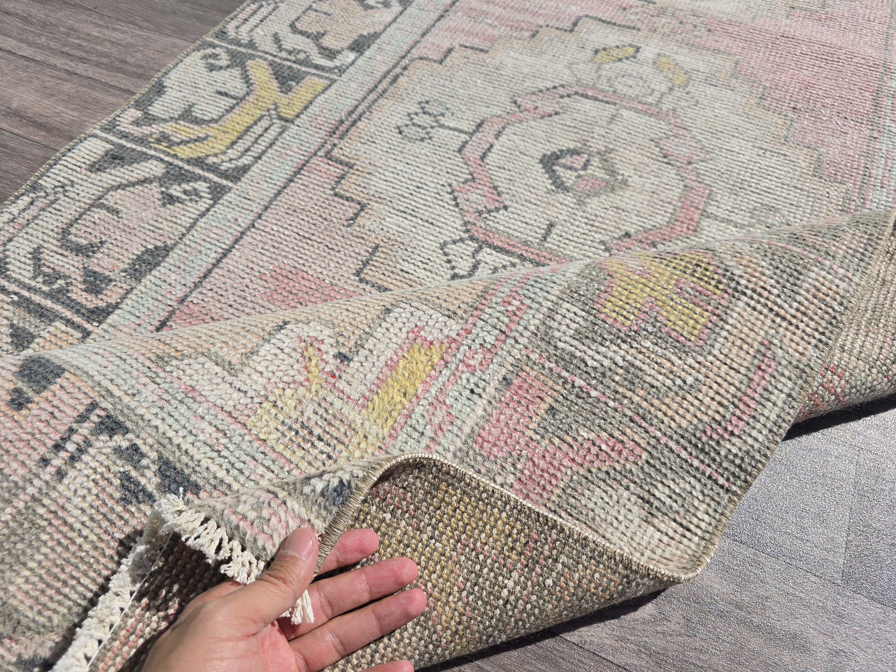 Neutral Oushak Runner Rug: 3x10 Vintage Turkish Wool Hallway Rug