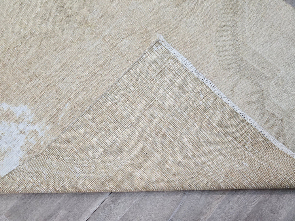 Hand Knotted Wool Turkish Runner Rug: Beige Brown Oushak, 4x12.5 ft