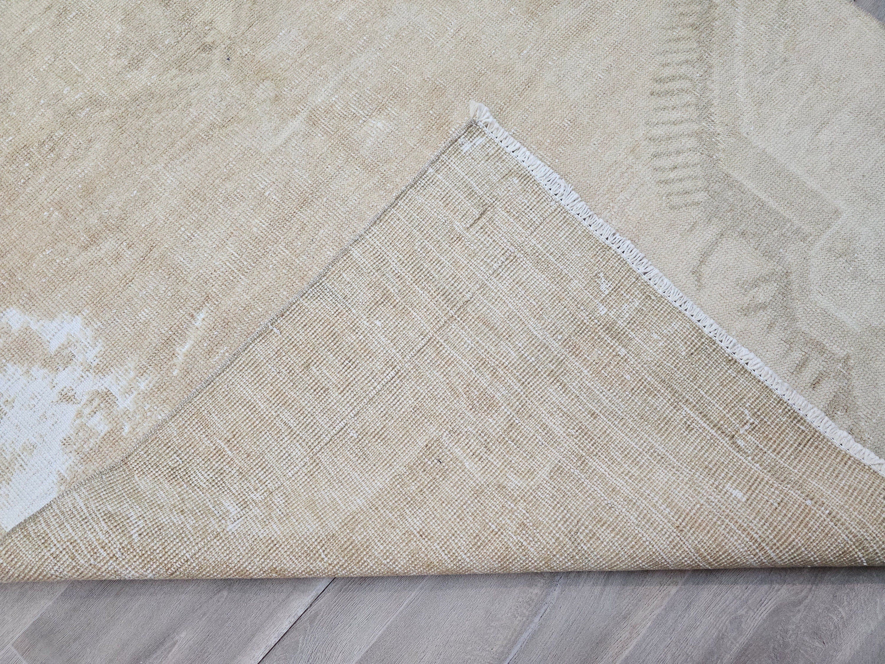 Hand Knotted Wool Turkish Runner Rug: Beige Brown Oushak, 4x12.5 ft