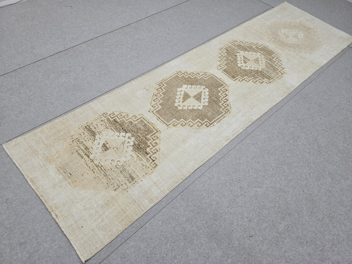 3x10 Oushak Runner Rug, Vintage Handwoven Anatolian Wool Runner, Neutral Faded Medallion Hallway Rug, Boho Rustic Decor