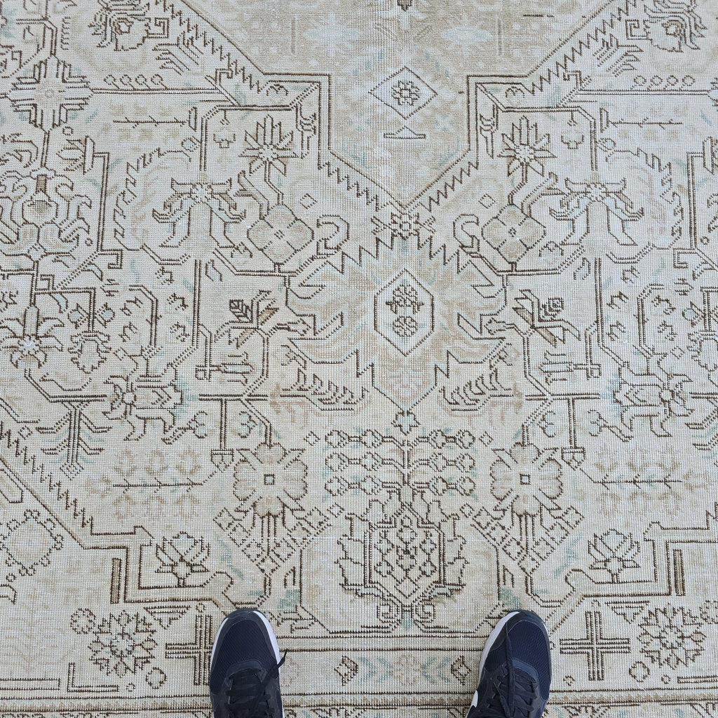 Turkish Rug 9x12 Neutral Beige Geometric Carpet Hand Knotted Living Room Area Rug