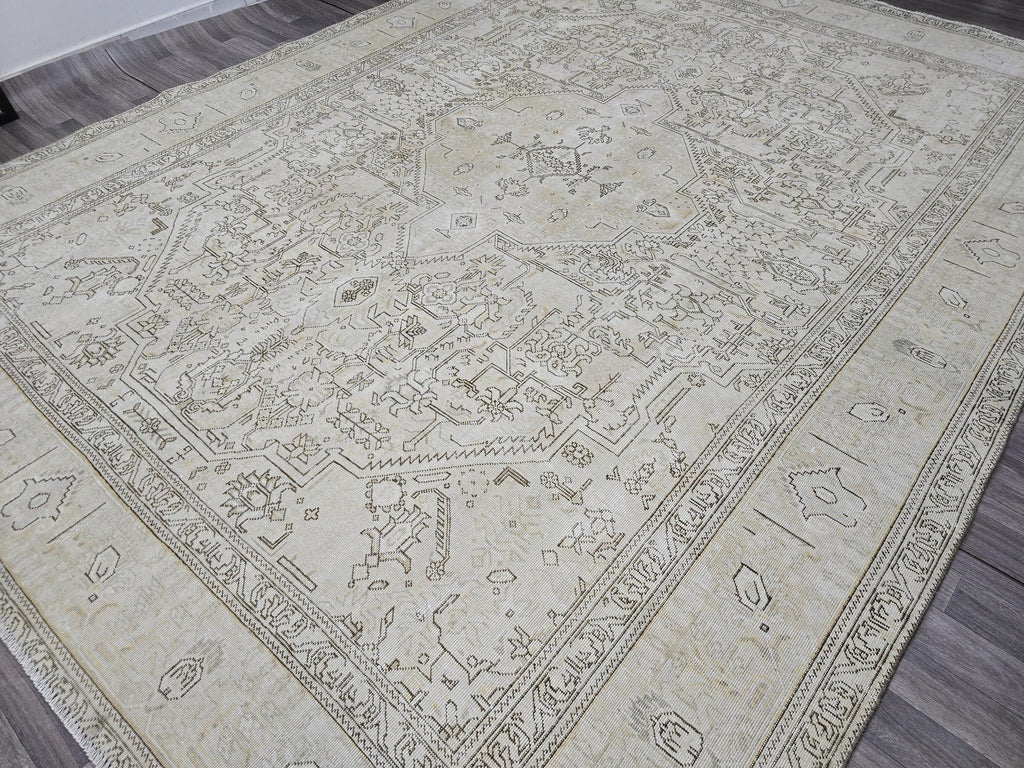 Neutral Turkish Oushak Area Rug 9x12 Beige Cream Brown Vintage Handmade