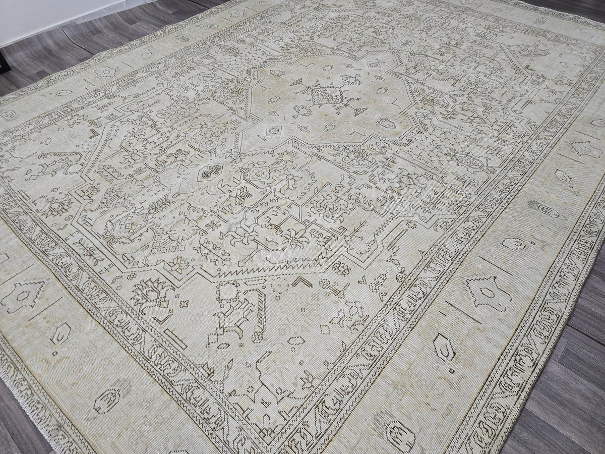 Neutral Turkish Oushak Area Rug 9x12 Beige Cream Brown Vintage Handmade