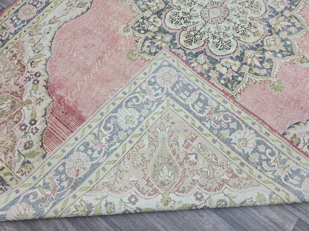 Vintage Turkish Oushak Rug: 7x11 Pink Floral Wool Carpet