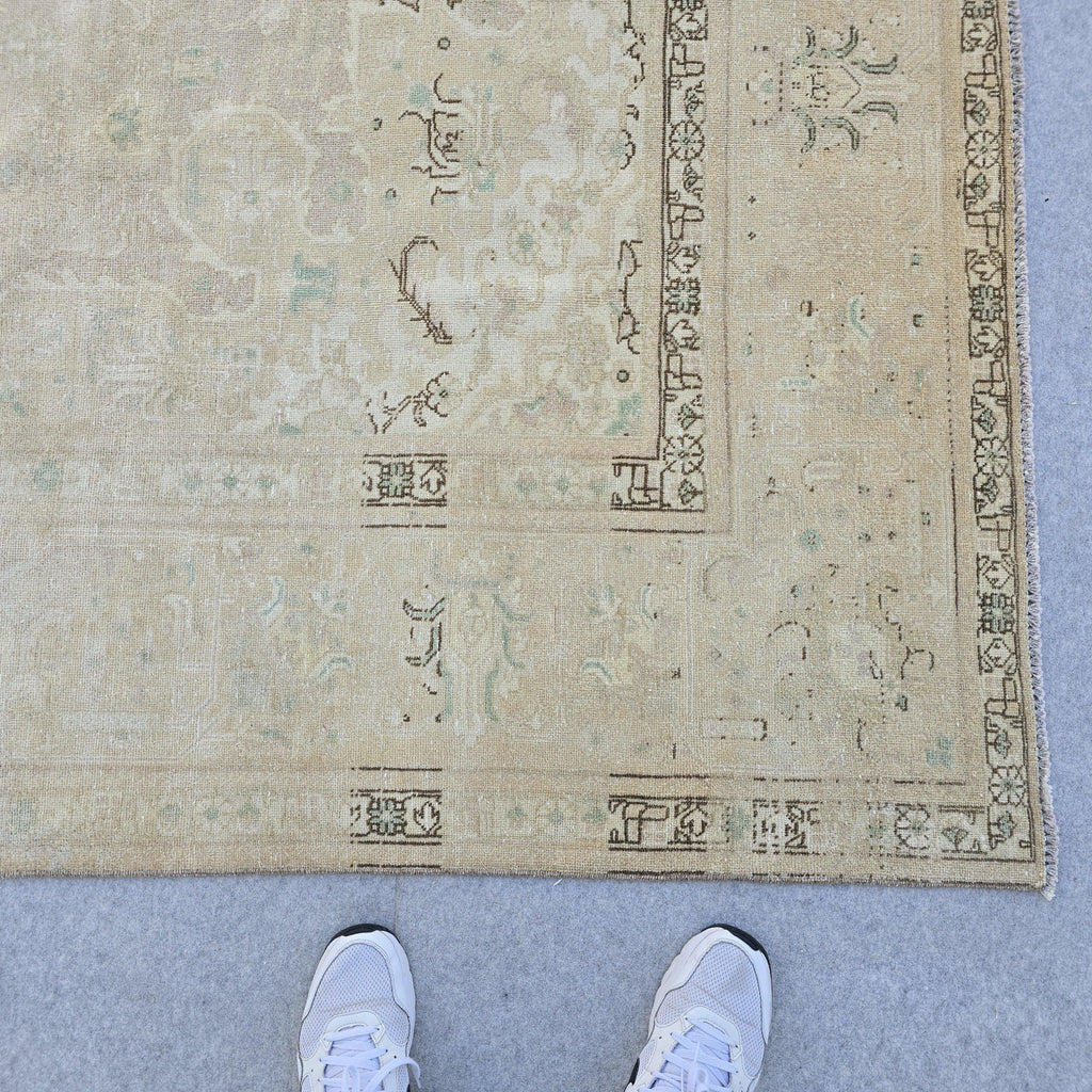 Antique Oushak Rug 9.6x12.6 ft, Faded Turkish Wool Rug, Neutral Decor