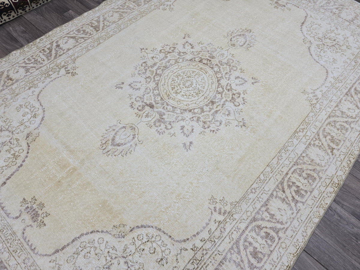 7x10 Vintage Turkish Oushak Rug 7x10: Neutral Medallion Turkish Carpet beige brown