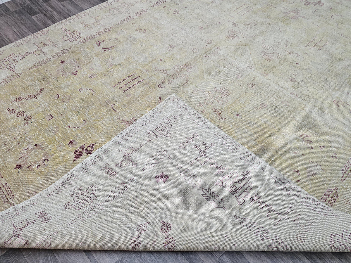 Hand Knotted 9x12 Wool Heriz Rug: Neutral Beige Brown Anatolian Carpet