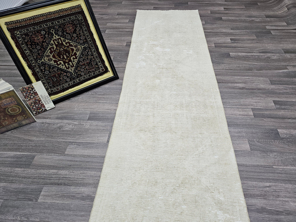 Handmade Wool Oushak Runner: Narrow Beige Hallway Rug (2.80x12.25 feet)