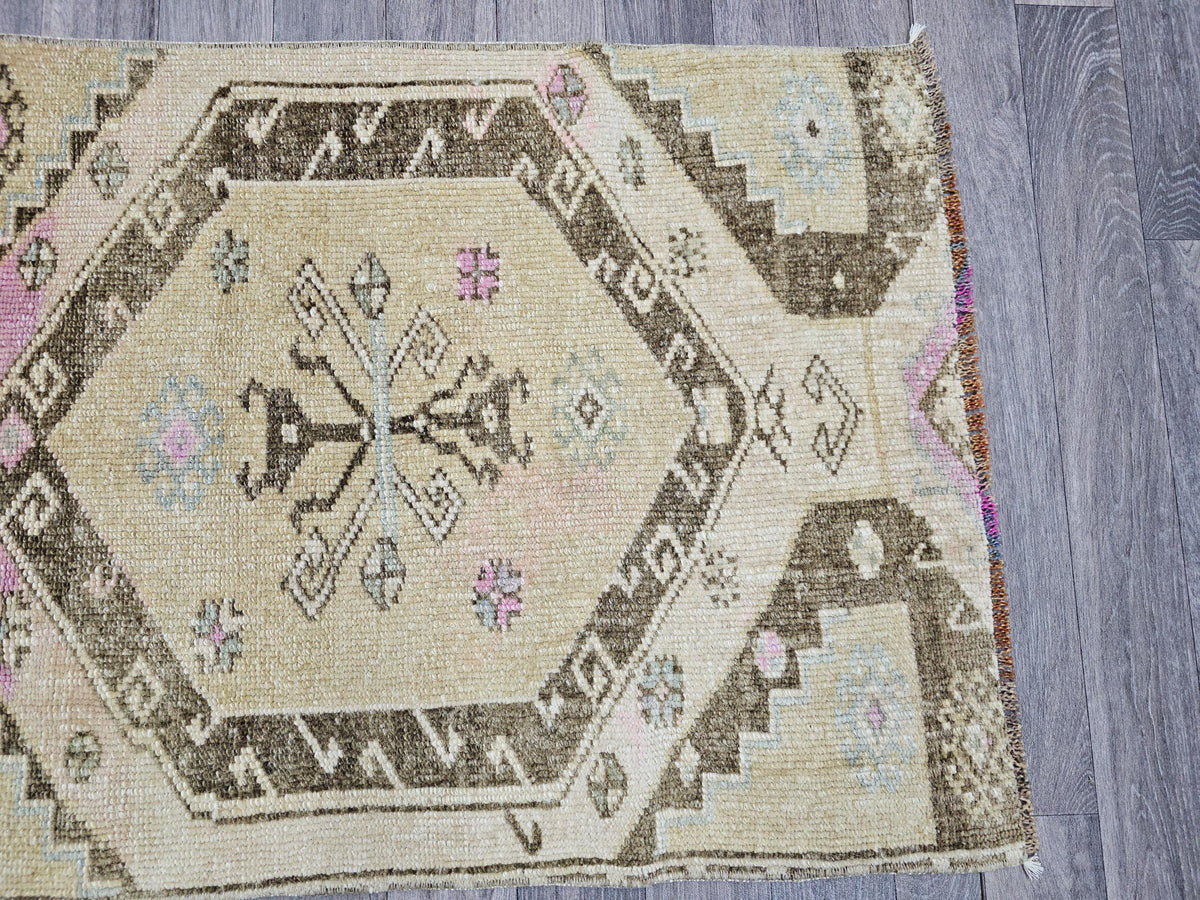 Hand Knotted Turkish Wool Runner Rug: Muted Neutral Colors, 2x6 ft