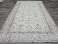 6x9 Vintage Turkish Oushak Rug: Hand-Knotted Wool Cream Floral Carpet