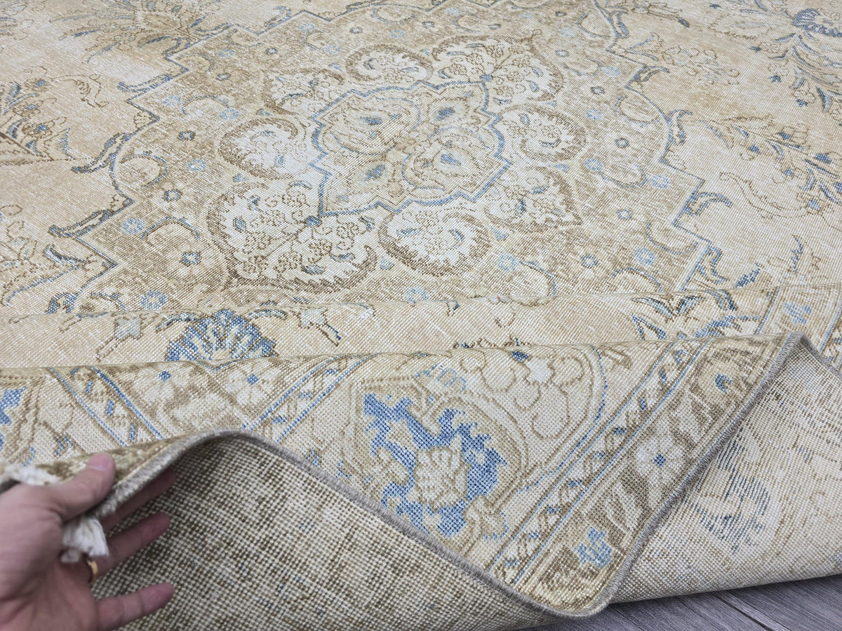 Vintage Turkish Oushak Rug: 10x13 Beige & Blue Handknotted Wool Carpet