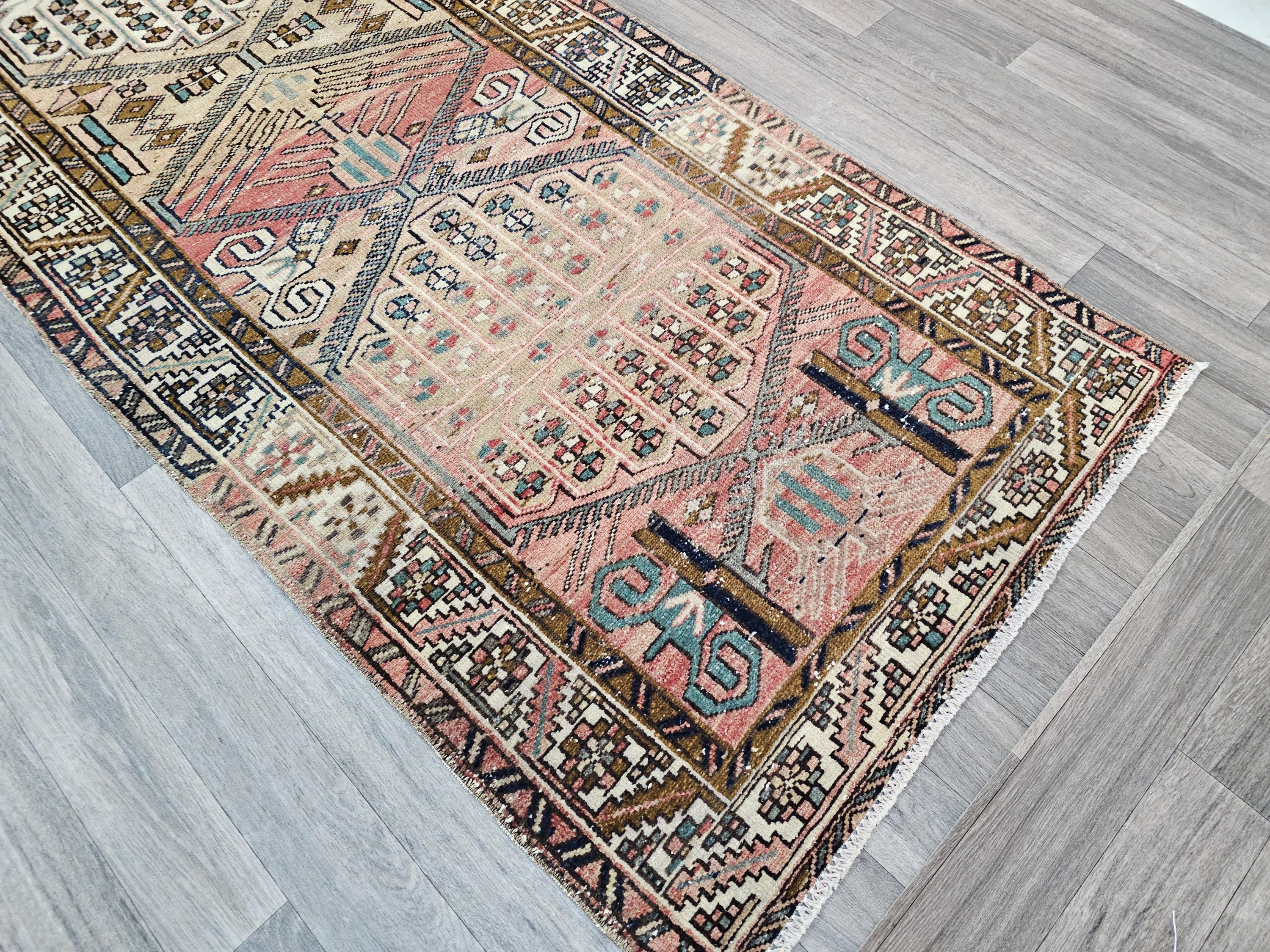 Wide Turkish Wool Runner Rug: Hand Woven Vintage Hallway Rug (3.14x10.35 ft)