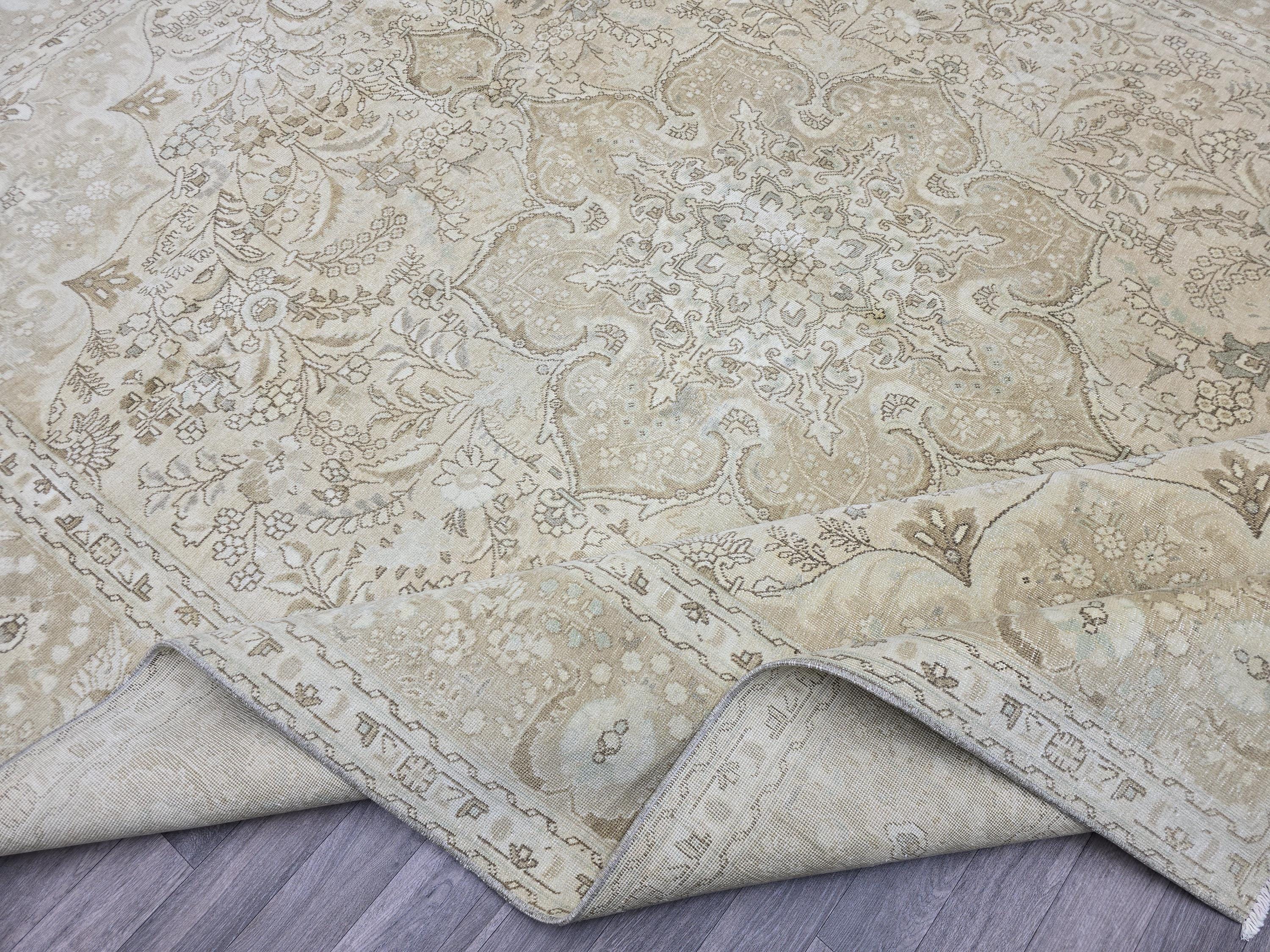 Vintage Turkish Oushak Rug 10x12: Beige Wool Floral Medallion Carpet