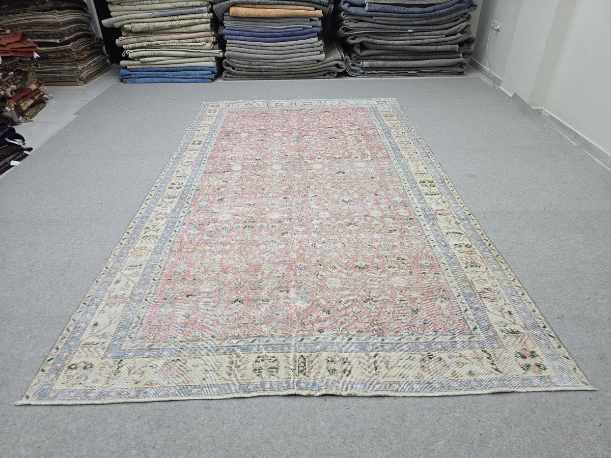 Large Vintage Turkish Rug, 6x11 Floral Oushak Area Rug, Antique Pastel Muted Carpet, Bohemian Home Decor Rug, Hand-Knotted pink Wool Rug