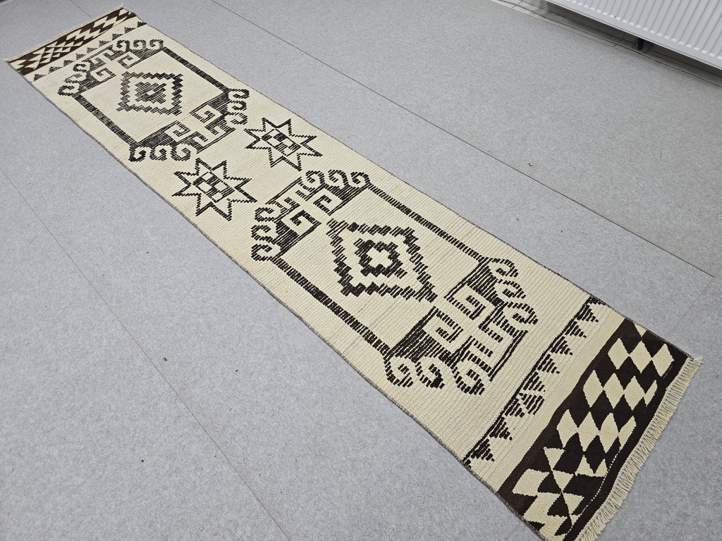 Vintage Rug Runner 2x11, Ivory Black Tribal Hand Knotted Wool Hallway Runner, Anatolian Geometric Boho Stair Runner