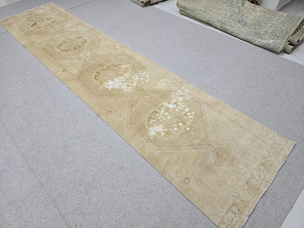 Turkish Rug 3x13, Antique Neutral Runner, Hand Knotted Wool Oushak Runner, Faded Camel Beige Hallway Carpet, Distressed Boho Stair Rug