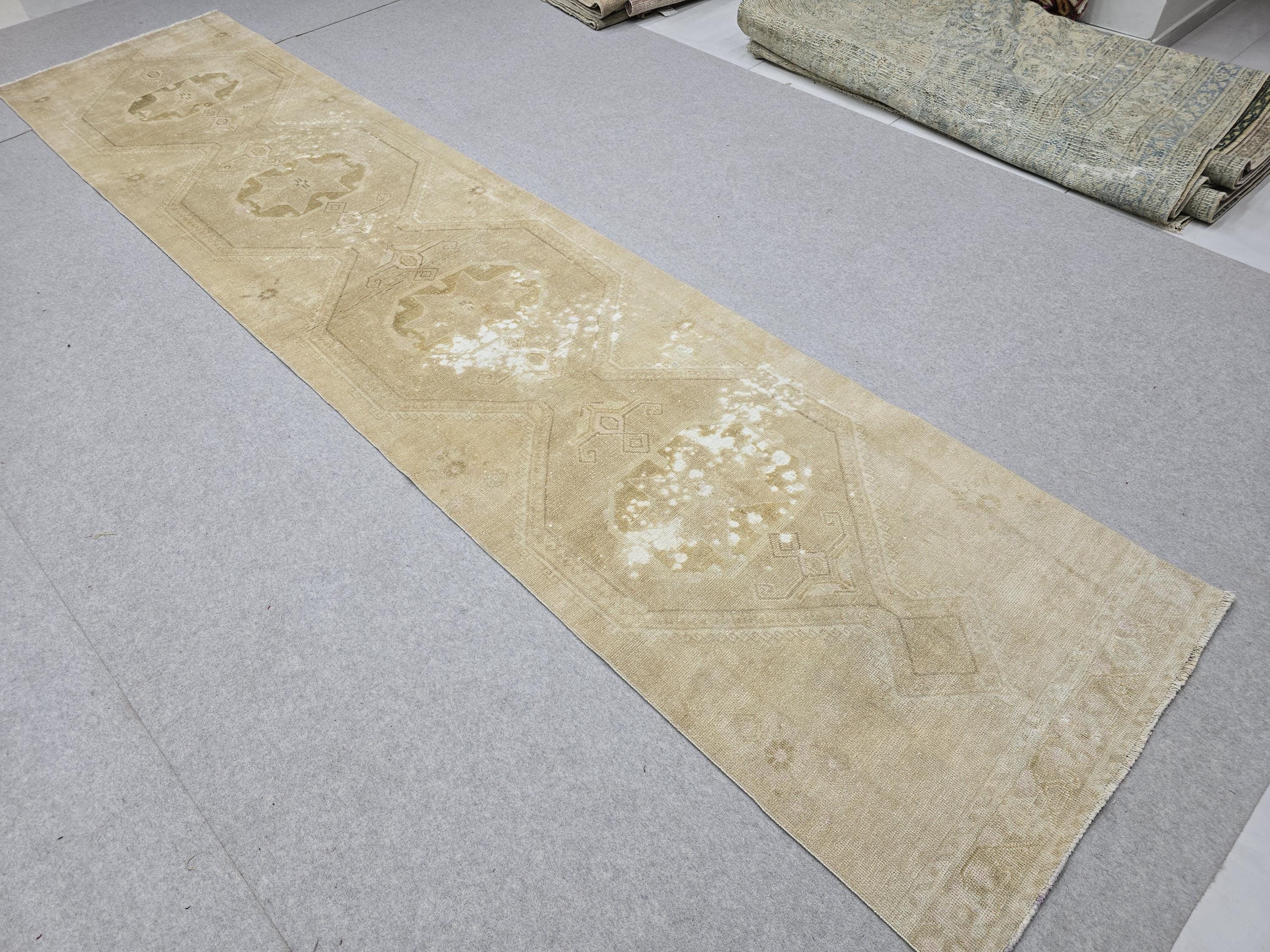 Turkish Rug 3x13, Antique Neutral Runner, Hand Knotted Wool Oushak Runner, Faded Camel Beige Hallway Carpet, Distressed Boho Stair Rug