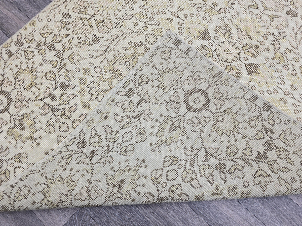 Vintage Turkish Oushak Runner Rug 4x7: Beige Wool Hallway Carpet