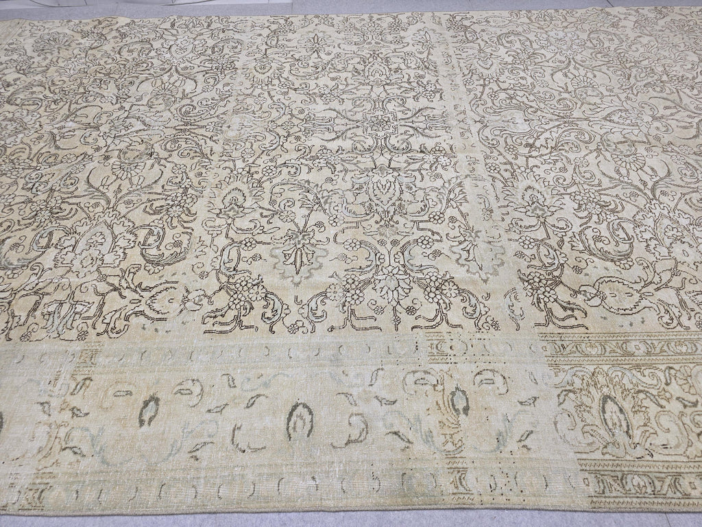 8x15 Hand Knotted Wool Area Rug, Muted Beige Floral Living Room Carpet (8x15 ft)