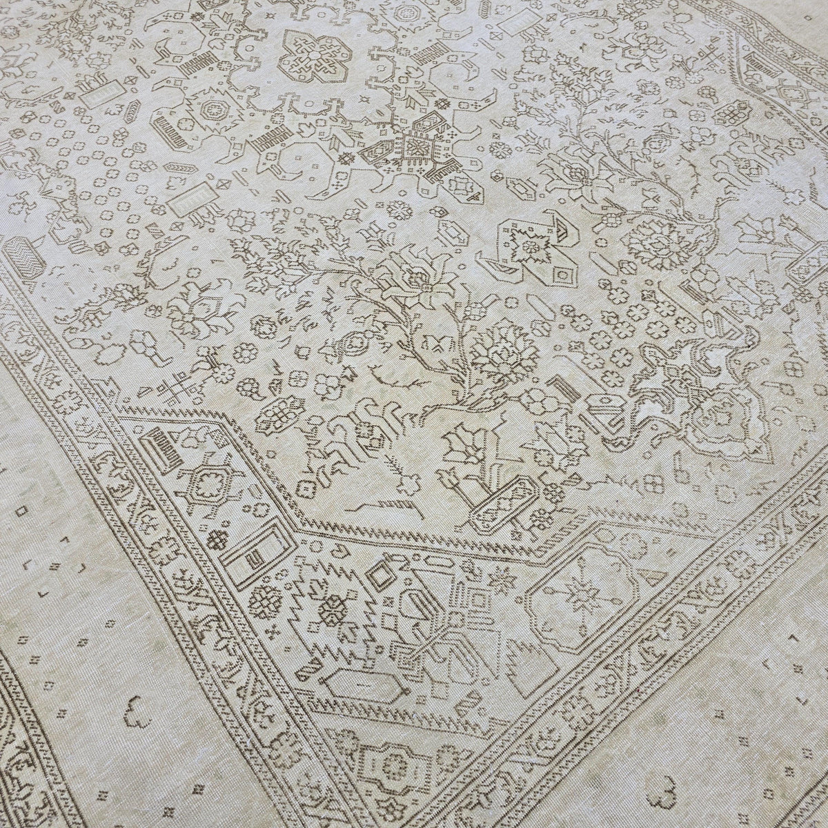 Oushak Rug 8x11: Vintage Turkish Wool Area Rug, Neutral Distressed Geometric