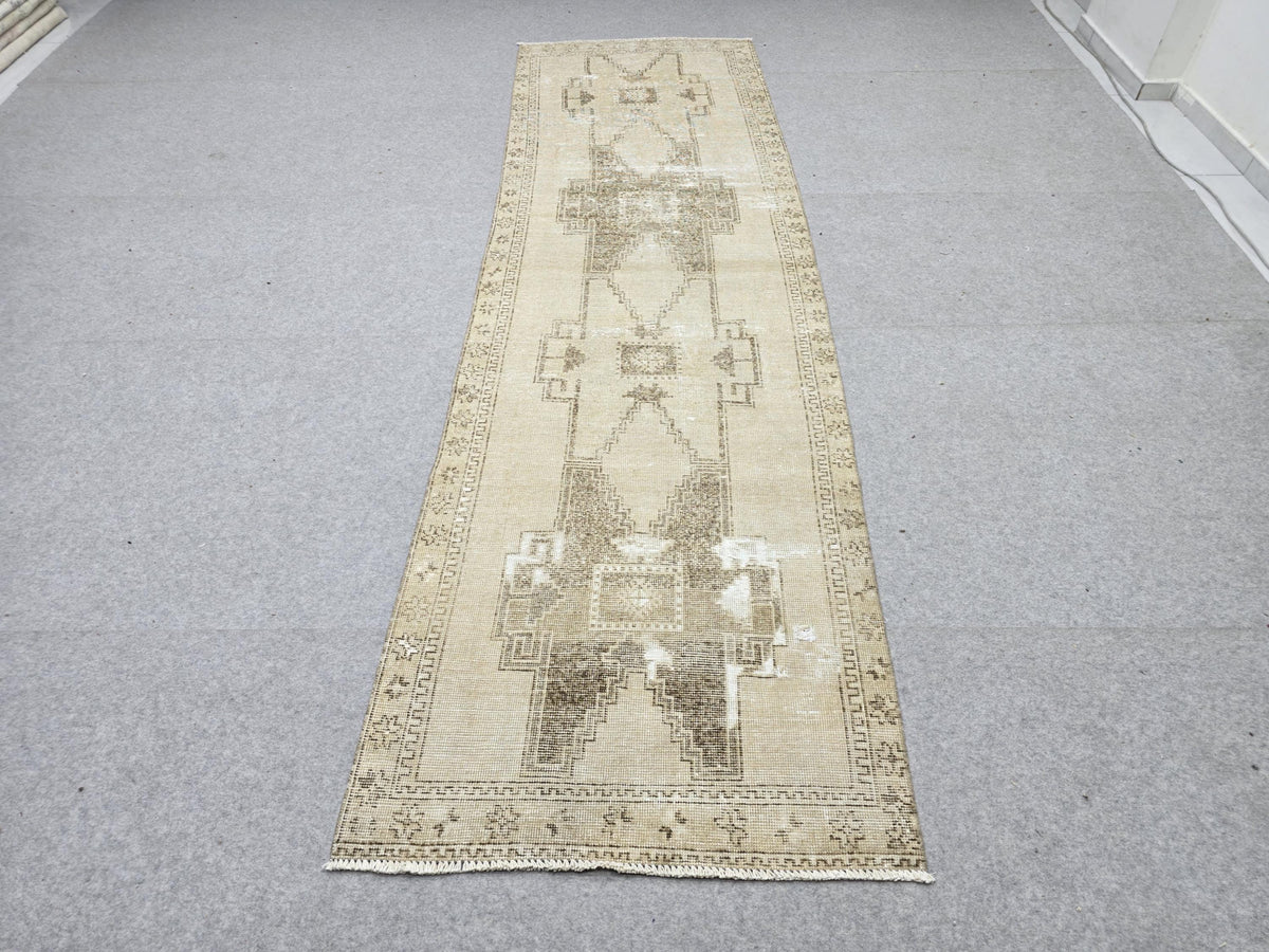 Vintage Rug 3.2x10.5 Runner,  Wool Rug for Breakfast Nook, Double Border Turkish Carpet, Antique Gold Rug, Studio Loft Decor