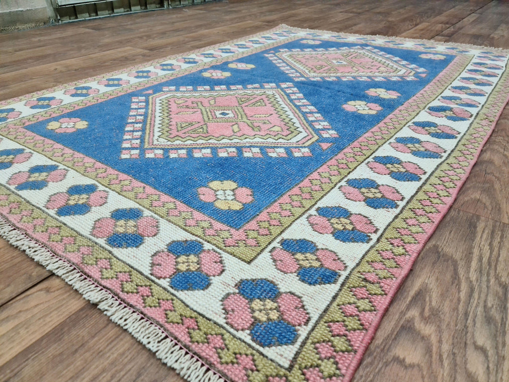 4x6 Small Turkish Rug: Small Vintage Geometric Blue Oushak (4.2x6.4 ft)