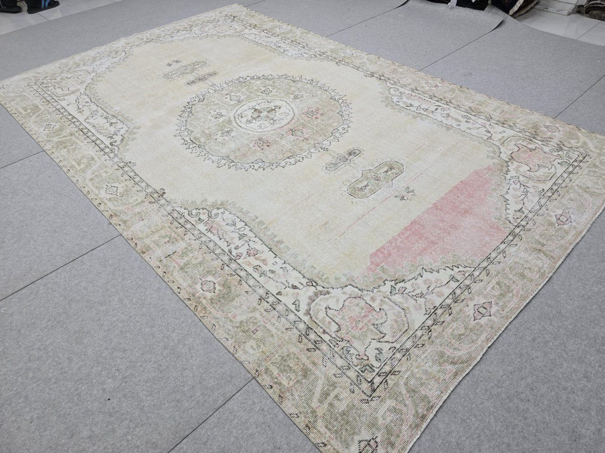 Oushak Rug 7x10, Neutral Beige Turkish Wool Carpet, Vintage Hand Knotted Area Rug for Living Room, Muted Medallion Isparta, Farmhouse Decor