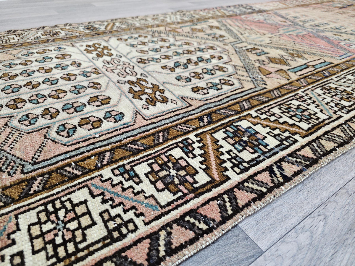 Wide Turkish Wool Runner Rug: Hand Woven Vintage Hallway Rug (3.14x10.35 ft)