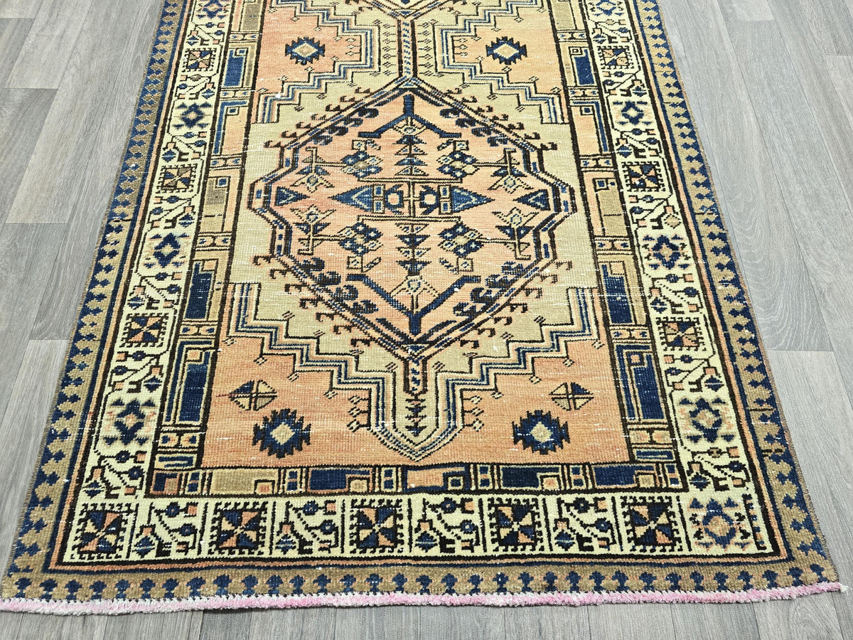 Vintage Heriz Wool Runner: Hand-Knotted Pastel Oushak Rug (3.40x13.30 ft)