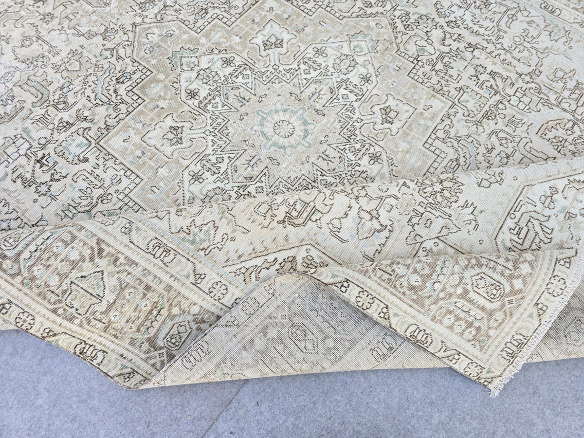 Turkish Rug 9x12, Hand Knotted Vintage Wool Rug, Cream Beige Blue Medallion Area Rug for Living Room, Large Oversized Oriental Carpet