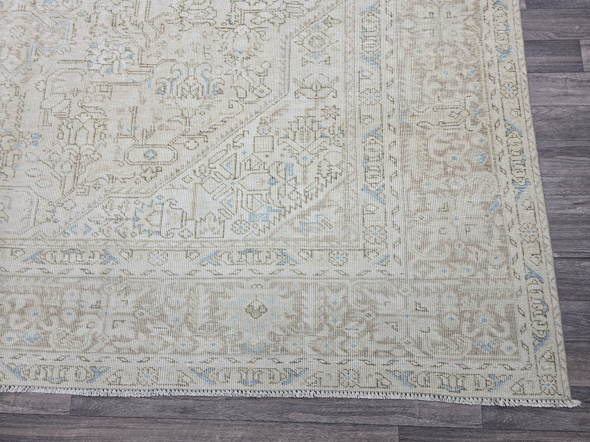Handmade Distressed Turkish Area Rug: 9.3x12 ft, Faded Neutral Wool