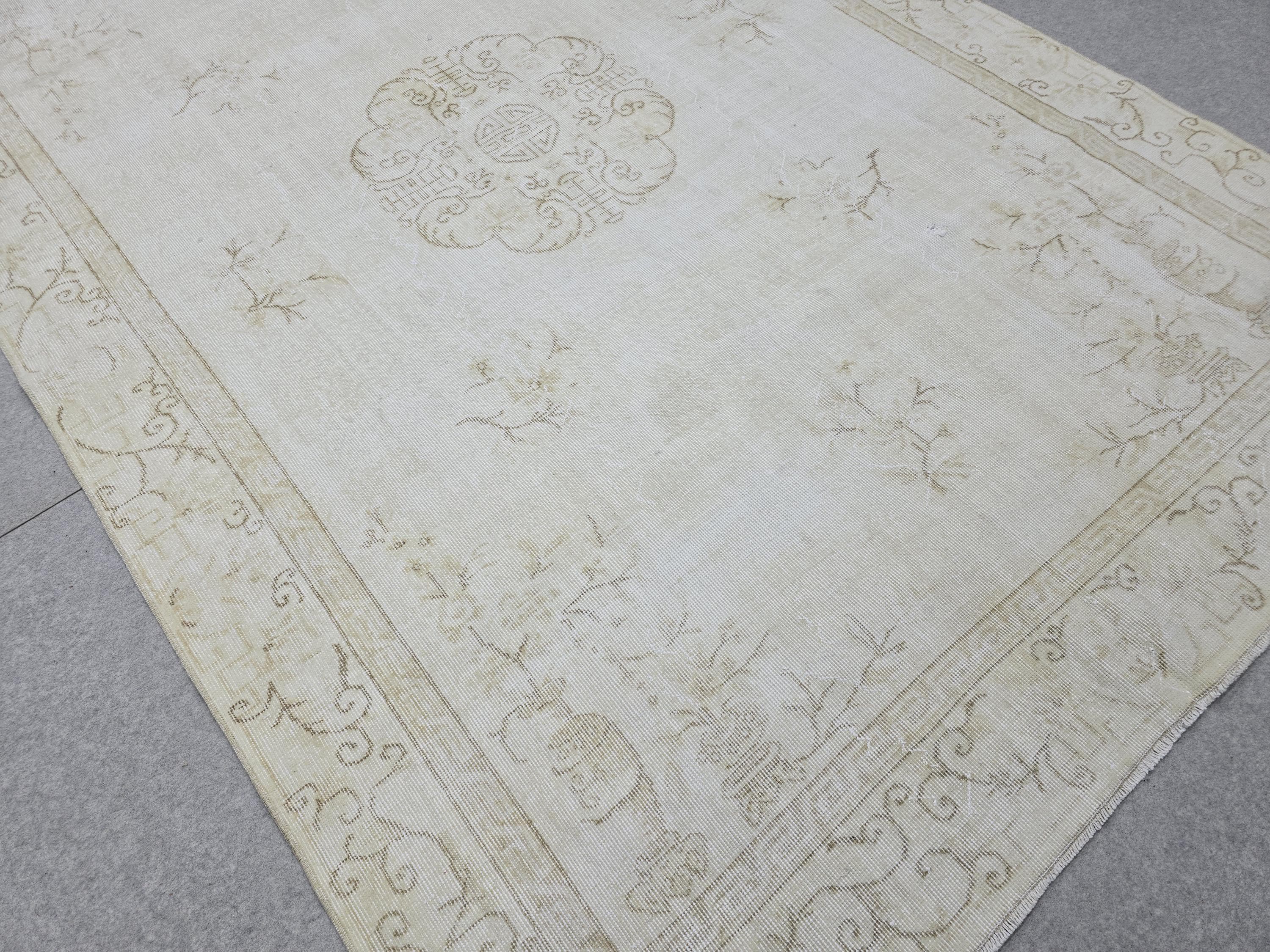 6x10 Handknotted Wool Oushak Medallion Rug, Muted Ivory Beige Area Carpet