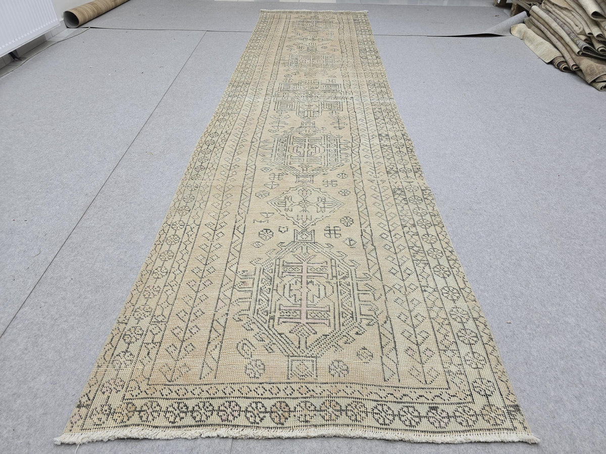 3x12 Vintage Runner Rug, Intricate Tribal Turkish Wool Hallway Runner, Faded Neutral Anatolian Geometric Corridor Rug, Boho Farmhouse Decor
