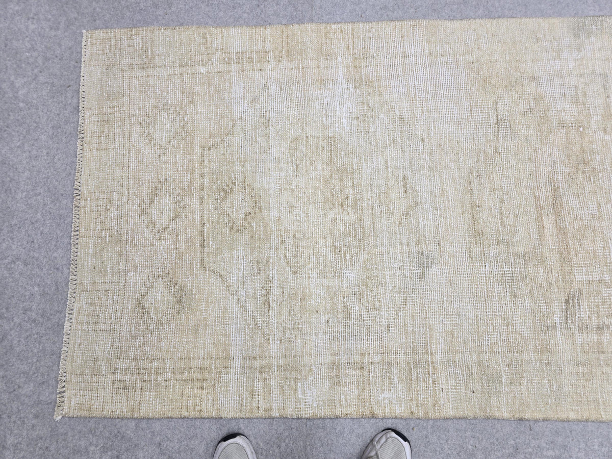 Turkish Rug 3x12 Runner, Vintage Rug for Hallway, Neutral Beige Wool Runner Rug, Cream Kitchen Rug, Boho Entryway Decor, Faded Wool Rug