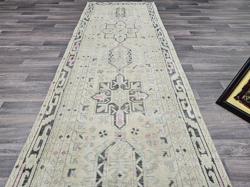 Vintage Turkish Oushak Wool Runner Rug: 3x12 Neutral Hallway Carpet